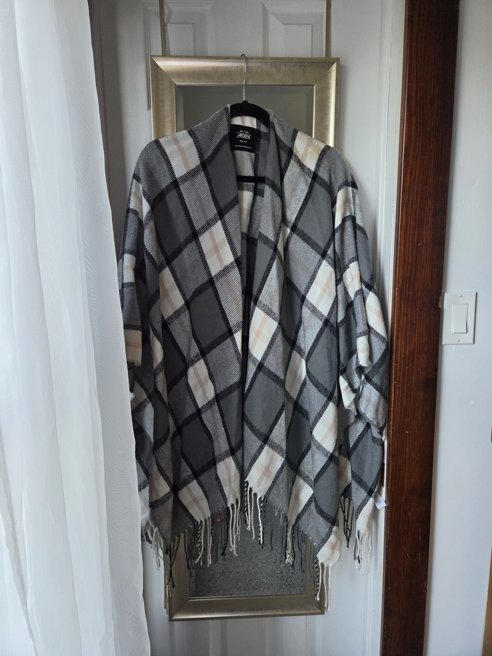 Plaid Fringed Wrap - Black, Gray & Cream